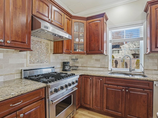 kitchen with appliances with stainless steel finishes, glass insert cabinets, a sink, light stone countertops, and under cabinet range hood