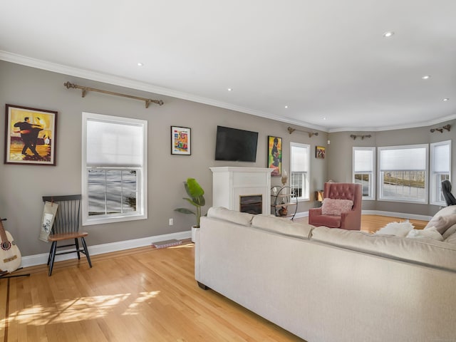 living room with light wood-style flooring, baseboards, crown molding, and a glass covered fireplace