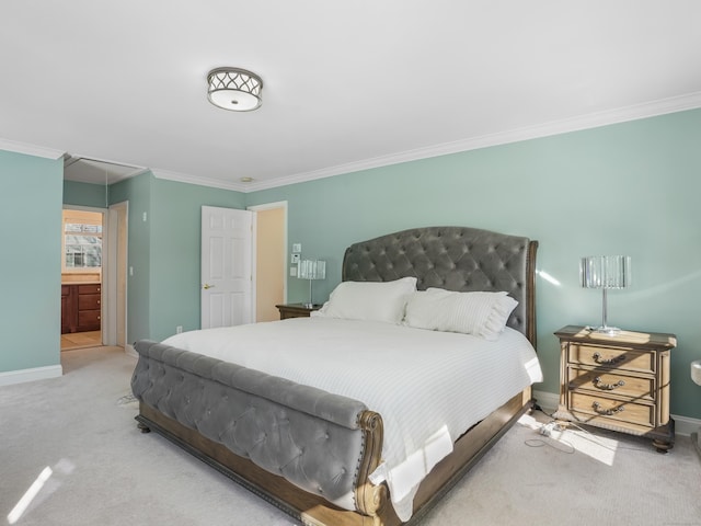 carpeted bedroom featuring attic access, crown molding, and baseboards