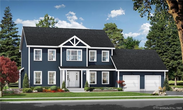 colonial house featuring a garage, concrete driveway, roof with shingles, and a front lawn