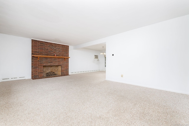 unfurnished living room featuring carpet, a fireplace, a baseboard radiator, a wall mounted air conditioner, and baseboards