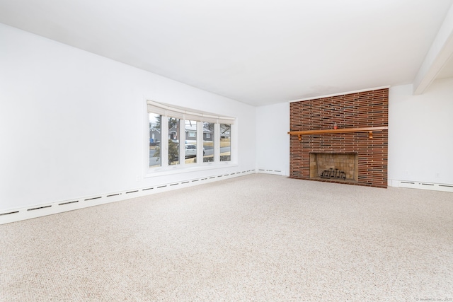 unfurnished living room featuring carpet, baseboard heating, a baseboard radiator, and a brick fireplace