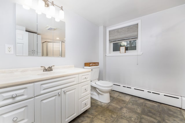 full bath with visible vents, toilet, a baseboard radiator, vanity, and a shower stall