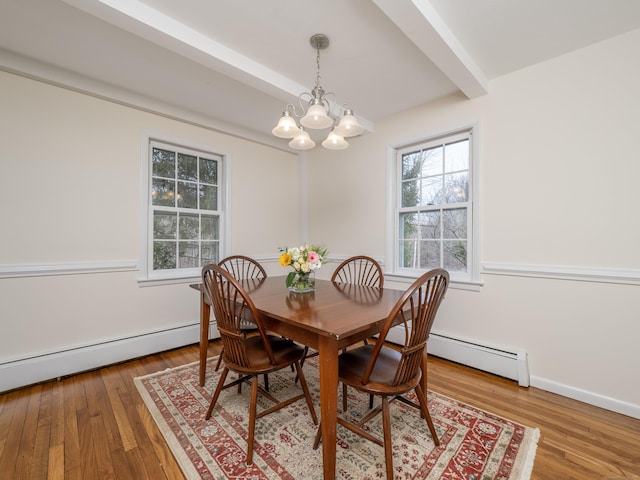 dining space with baseboard heating, a baseboard heating unit, beamed ceiling, baseboards, and hardwood / wood-style flooring