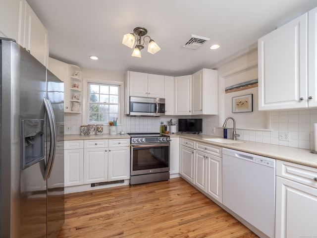 kitchen featuring stainless steel appliances, a sink, visible vents, white cabinetry, and light countertops