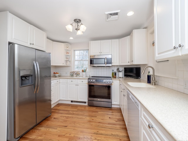 kitchen featuring a sink, visible vents, white cabinetry, light countertops, and appliances with stainless steel finishes