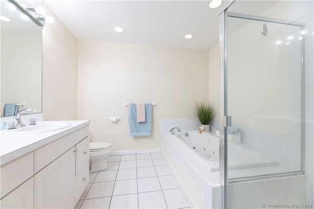 bathroom with toilet, a tub with jets, a shower stall, tile patterned flooring, and vanity