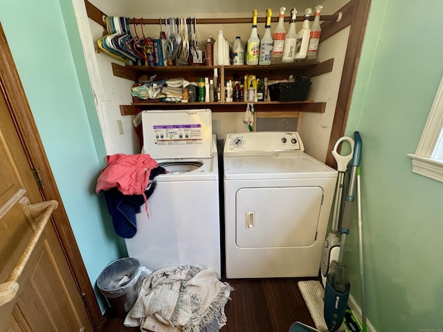 laundry area featuring dark hardwood / wood-style flooring and separate washer and dryer