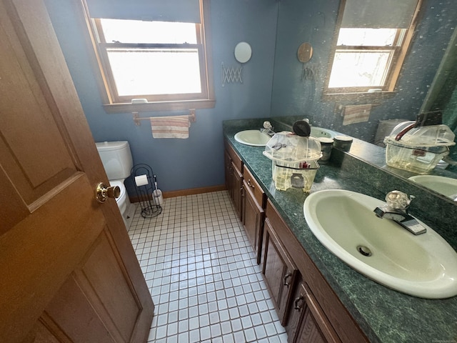 bathroom with vanity, toilet, and tile patterned floors