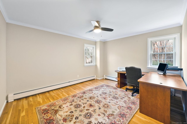 office space featuring baseboard heating, plenty of natural light, and light wood-style floors