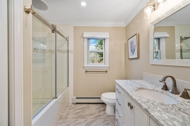 bathroom featuring a baseboard radiator, toilet, vanity, marble finish floor, and crown molding