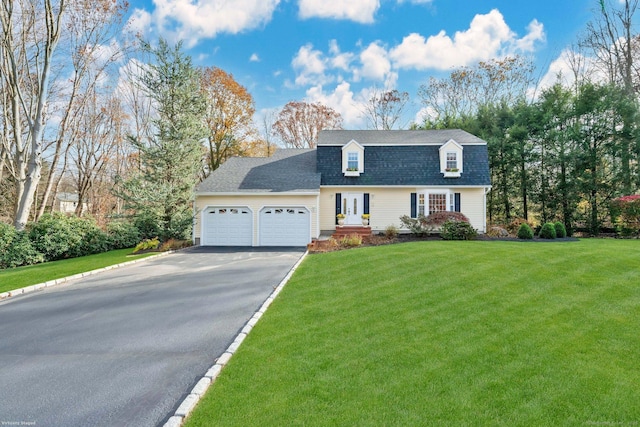 dutch colonial featuring a garage, roof with shingles, aphalt driveway, and a front yard