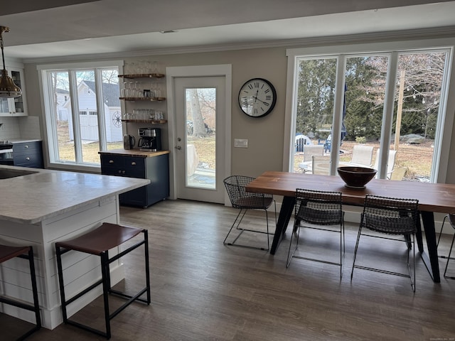 dining room with ornamental molding, a healthy amount of sunlight, and wood-type flooring