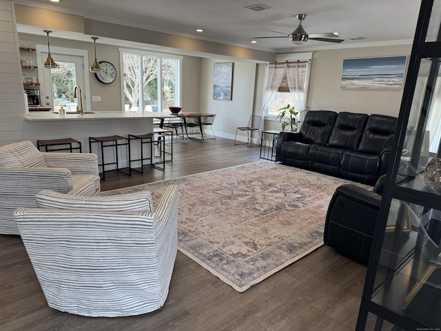 living room featuring sink, dark wood-type flooring, ornamental molding, and ceiling fan