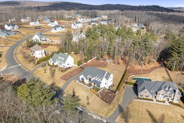 drone / aerial view with a wooded view and a residential view