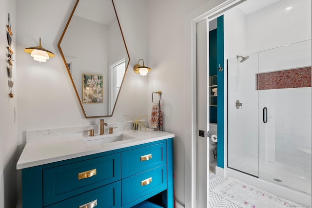 bathroom featuring a shower stall, vanity, and toilet