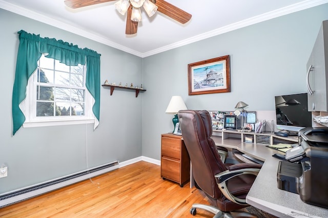 office area featuring a baseboard heating unit, ceiling fan, crown molding, and light hardwood / wood-style floors