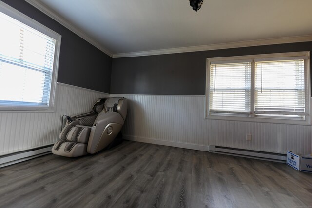 50 Dean Rd, New Milford, CT 06776 - unfurnished room featuring a wainscoted wall, wood finished floors, healthy amount of natural light, a baseboard radiator, and ornamental molding