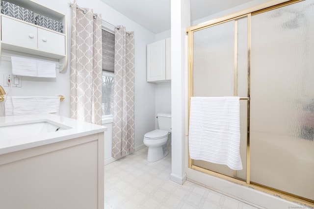 full bath featuring an enclosed shower, toilet, and tile patterned floors