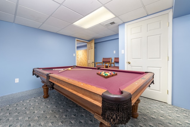 recreation room featuring carpet, visible vents, a drop ceiling, and pool table