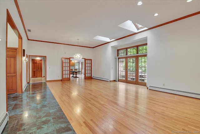 101 Langford Ln, East Hartford, CT 06118 - unfurnished living room featuring a baseboard radiator, a chandelier, a skylight, a towering ceiling, and baseboard heating