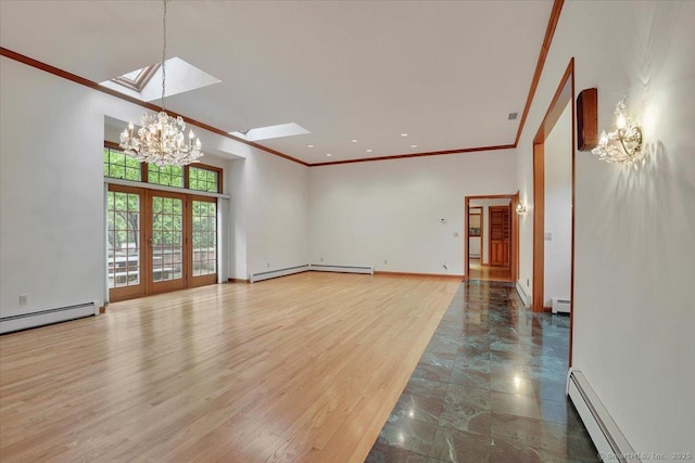 101 Langford Ln, East Hartford, CT 06118 - empty room with a skylight, a chandelier, a baseboard heating unit, ornamental molding, and a baseboard radiator