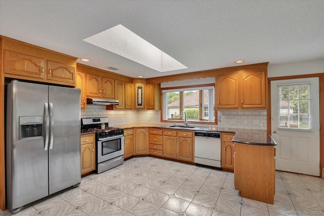 101 Langford Ln, East Hartford, CT 06118 - kitchen with appliances with stainless steel finishes, under cabinet range hood, plenty of natural light, a skylight, and recessed lighting