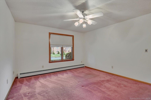 101 Langford Ln, East Hartford, CT 06118 - carpeted spare room featuring a baseboard radiator, ceiling fan, baseboards, and a textured ceiling