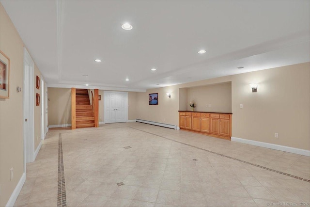 101 Langford Ln, East Hartford, CT 06118 - finished basement featuring a baseboard heating unit, recessed lighting, baseboards, stairway, and light tile patterned floors