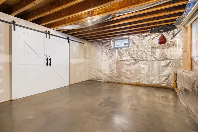 basement featuring a barn door