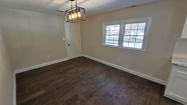 unfurnished dining area with baseboards, dark wood-style floors, and visible vents