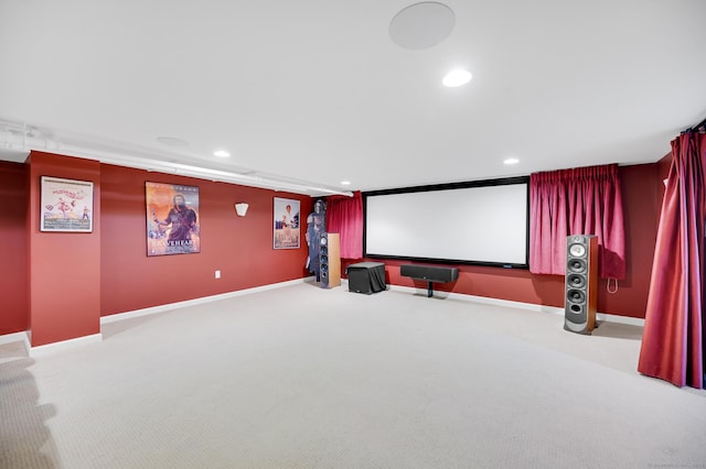 cinema room featuring carpet, baseboards, and recessed lighting