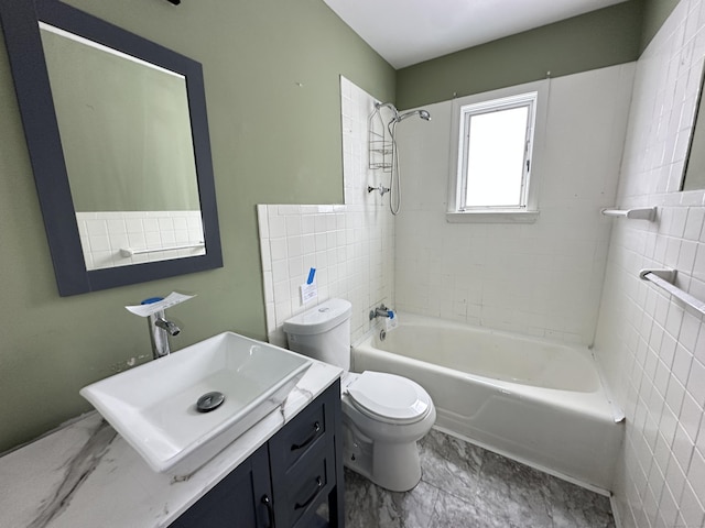 159 Tom Swamp Rd, Hamden, CT 06518 - bathroom featuring  shower combination, vanity, and tile walls