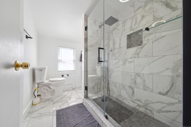 full bath featuring a marble finish shower, baseboards, toilet, and marble finish floor