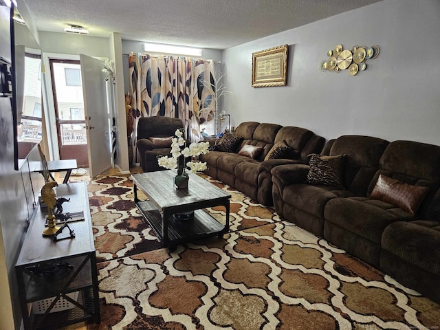 living area with a textured ceiling