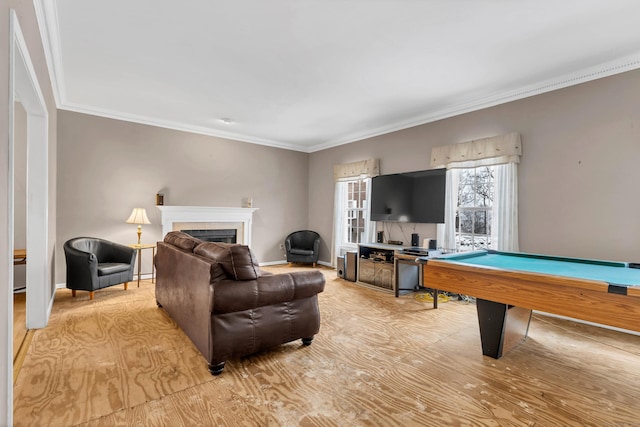 game room with baseboards, a fireplace, ornamental molding, and pool table