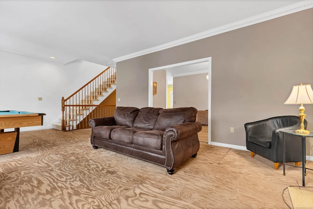 living area featuring pool table, baseboards, stairway, and ornamental molding