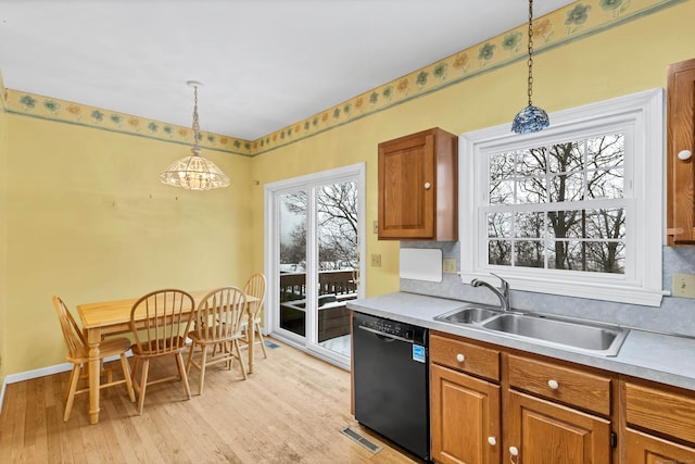 kitchen featuring a sink, visible vents, brown cabinets, and dishwasher