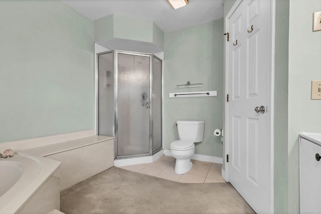 full bathroom with a stall shower, tile patterned flooring, a garden tub, and toilet