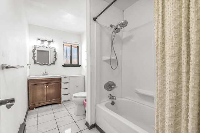 bathroom featuring shower / tub combo with curtain, vanity, toilet, and tile patterned floors