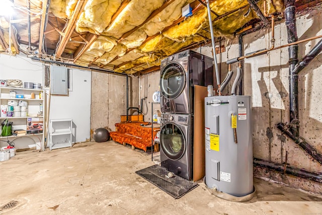 unfinished basement featuring water heater, stacked washer / dryer, and electric panel