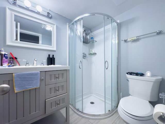 bathroom featuring vanity, a shower stall, and toilet