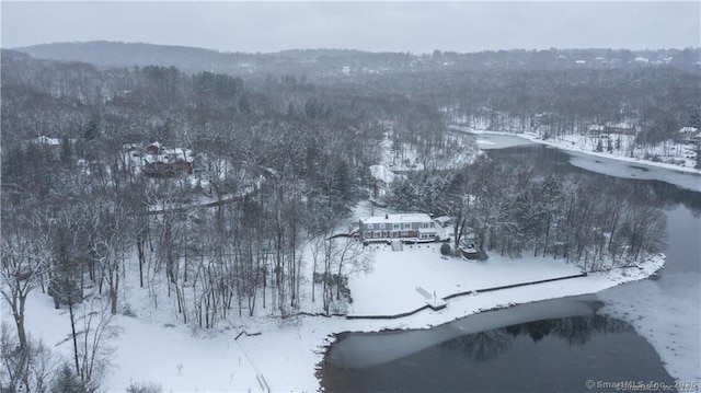 snowy aerial view with a water view and a wooded view