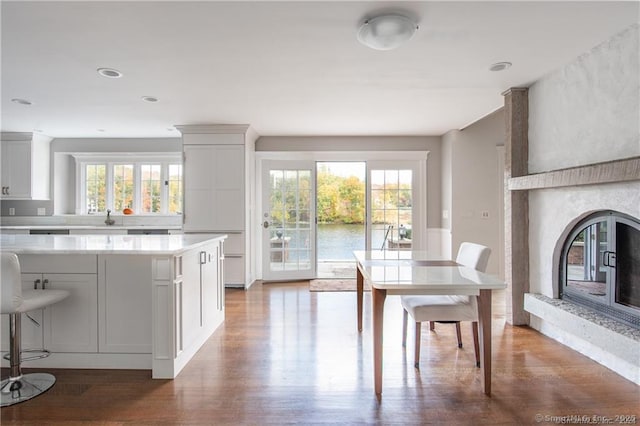 kitchen featuring light countertops, a glass covered fireplace, a wealth of natural light, and white cabinets