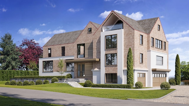 14 Owenoke Park, Westport, CT 06880 - contemporary house featuring a garage, driveway, and a front lawn