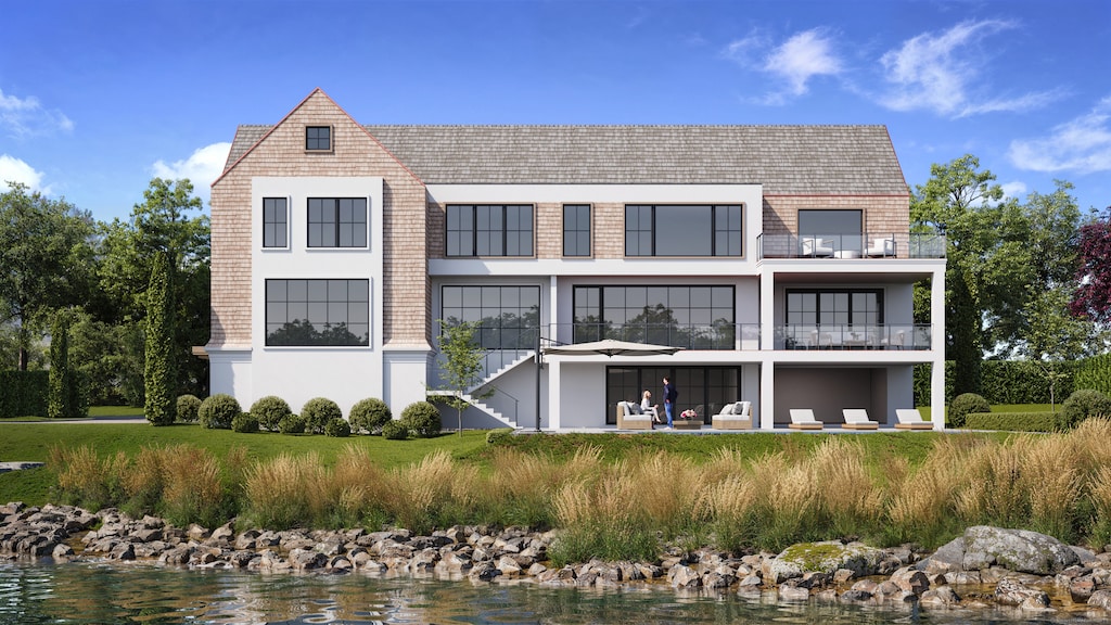 14 Owenoke Park, Westport, CT 06880 - back of property featuring a balcony, stairway, stucco siding, and a water view
