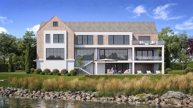 14 Owenoke Park, Westport, CT 06880 - back of property featuring a balcony, stairway, stucco siding, and a water view