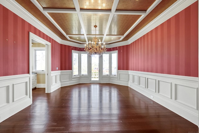 unfurnished dining area with beam ceiling, an inviting chandelier, wooden ceiling, coffered ceiling, and hardwood / wood-style floors