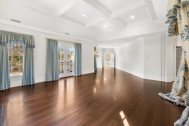 unfurnished living room with visible vents, coffered ceiling, beam ceiling, and wood finished floors