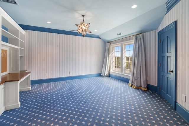 interior space with visible vents, baseboards, vaulted ceiling, a notable chandelier, and recessed lighting